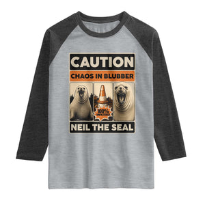 Retro Neil the Seal Caution Chaos in Blubber Raglan Shirt Funny Viral Chaotic Elephant Seal Traffic Cone Meme TS02 Heather Gray Heather Charcoal Print Your Wear