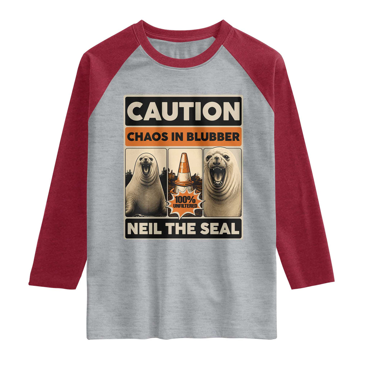 Retro Neil the Seal Caution Chaos in Blubber Raglan Shirt Funny Viral Chaotic Elephant Seal Traffic Cone Meme TS02 Heather Gray Heather Red Print Your Wear