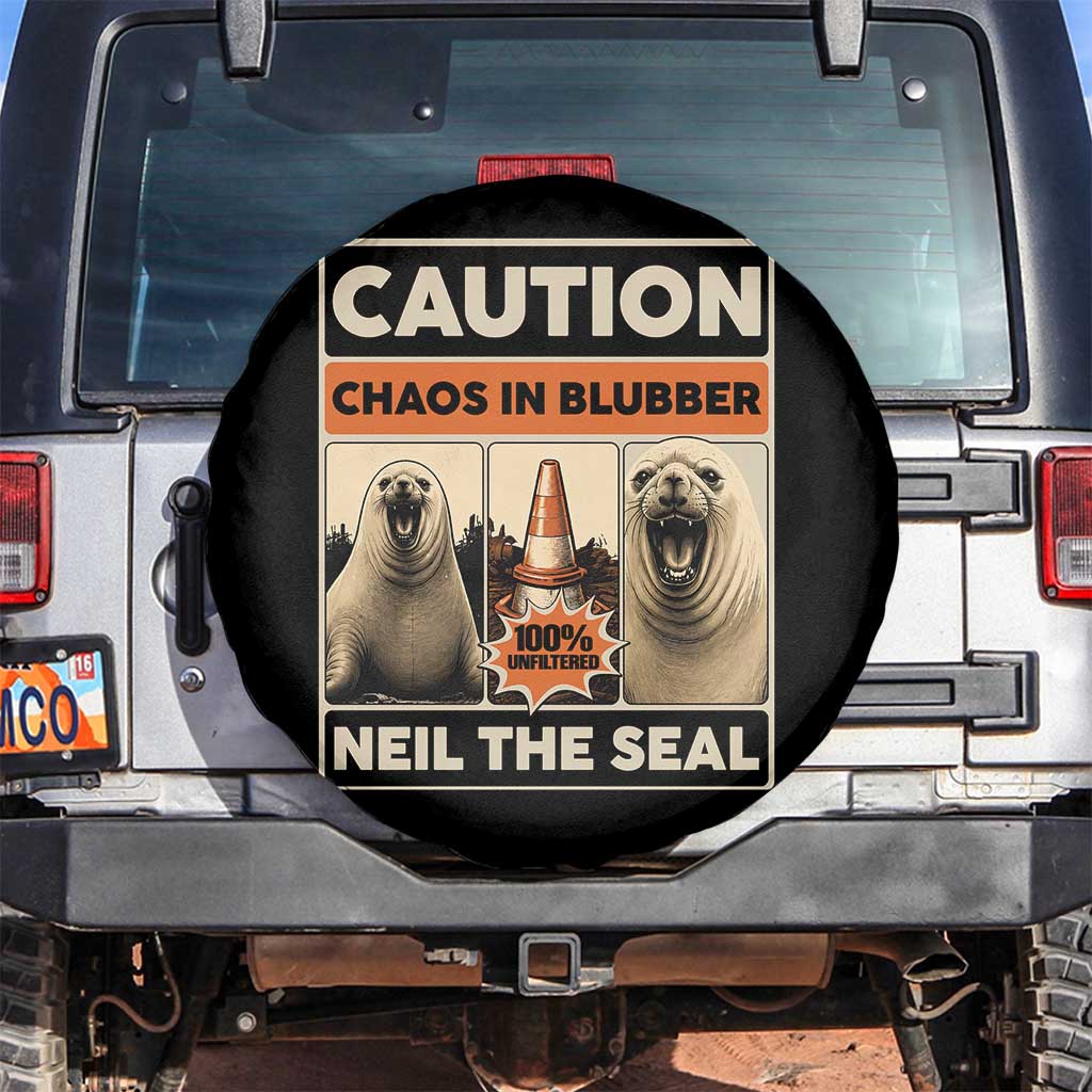 Retro Neil the Seal Caution Chaos in Blubber Spare Tire Cover Funny Viral Chaotic Elephant Seal Traffic Cone Meme TS02 No hole Black Print Your Wear
