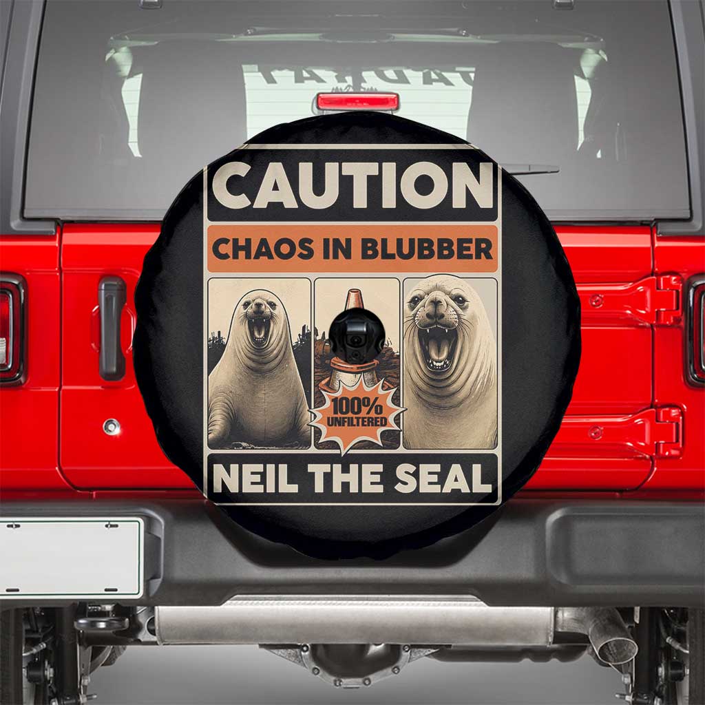 Retro Neil the Seal Caution Chaos in Blubber Spare Tire Cover Funny Viral Chaotic Elephant Seal Traffic Cone Meme TS02 Black Print Your Wear