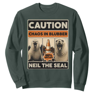 Retro Neil the Seal Caution Chaos in Blubber Sweatshirt Funny Viral Chaotic Elephant Seal Traffic Cone Meme TS02 Dark Forest Green Print Your Wear