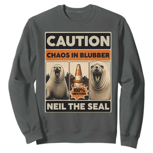 Retro Neil the Seal Caution Chaos in Blubber Sweatshirt Funny Viral Chaotic Elephant Seal Traffic Cone Meme TS02 Dark Heather Print Your Wear