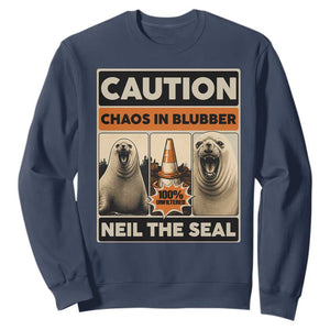 Retro Neil the Seal Caution Chaos in Blubber Sweatshirt Funny Viral Chaotic Elephant Seal Traffic Cone Meme TS02 Navy Print Your Wear