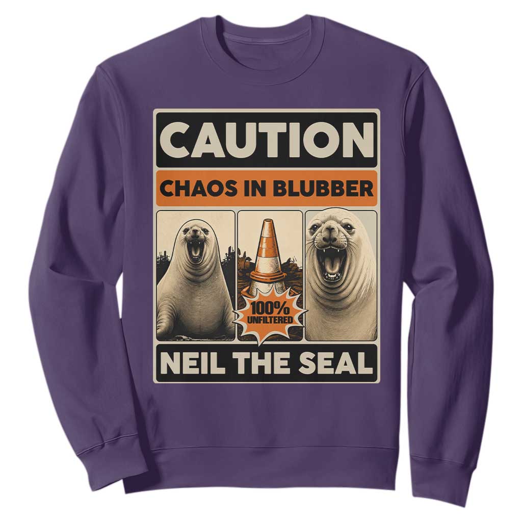 Retro Neil the Seal Caution Chaos in Blubber Sweatshirt Funny Viral Chaotic Elephant Seal Traffic Cone Meme TS02 Purple Print Your Wear