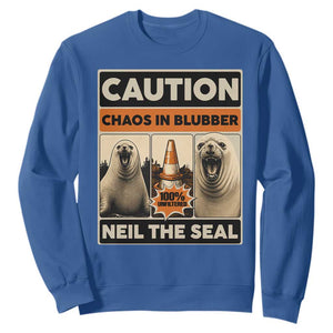 Retro Neil the Seal Caution Chaos in Blubber Sweatshirt Funny Viral Chaotic Elephant Seal Traffic Cone Meme TS02 Royal Blue Print Your Wear