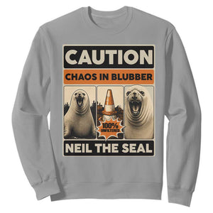Retro Neil the Seal Caution Chaos in Blubber Sweatshirt Funny Viral Chaotic Elephant Seal Traffic Cone Meme TS02 Sport Gray Print Your Wear