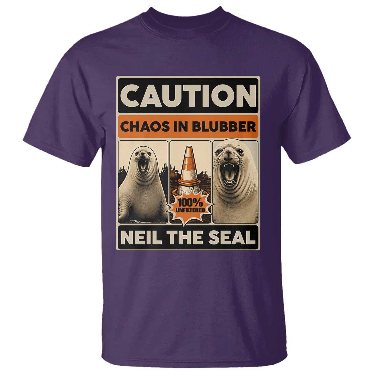 Retro Neil the Seal Caution Chaos in Blubber T Shirt Funny Viral Chaotic Elephant Seal Traffic Cone Meme TS02 Purple Print Your Wear