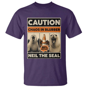 Retro Neil the Seal Caution Chaos in Blubber T Shirt Funny Viral Chaotic Elephant Seal Traffic Cone Meme TS02 Purple Print Your Wear