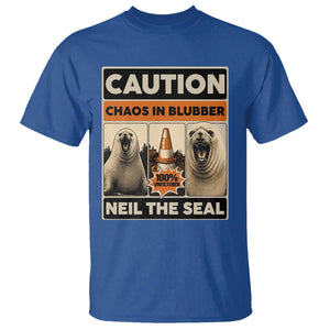 Retro Neil the Seal Caution Chaos in Blubber T Shirt Funny Viral Chaotic Elephant Seal Traffic Cone Meme TS02 Royal Blue Print Your Wear