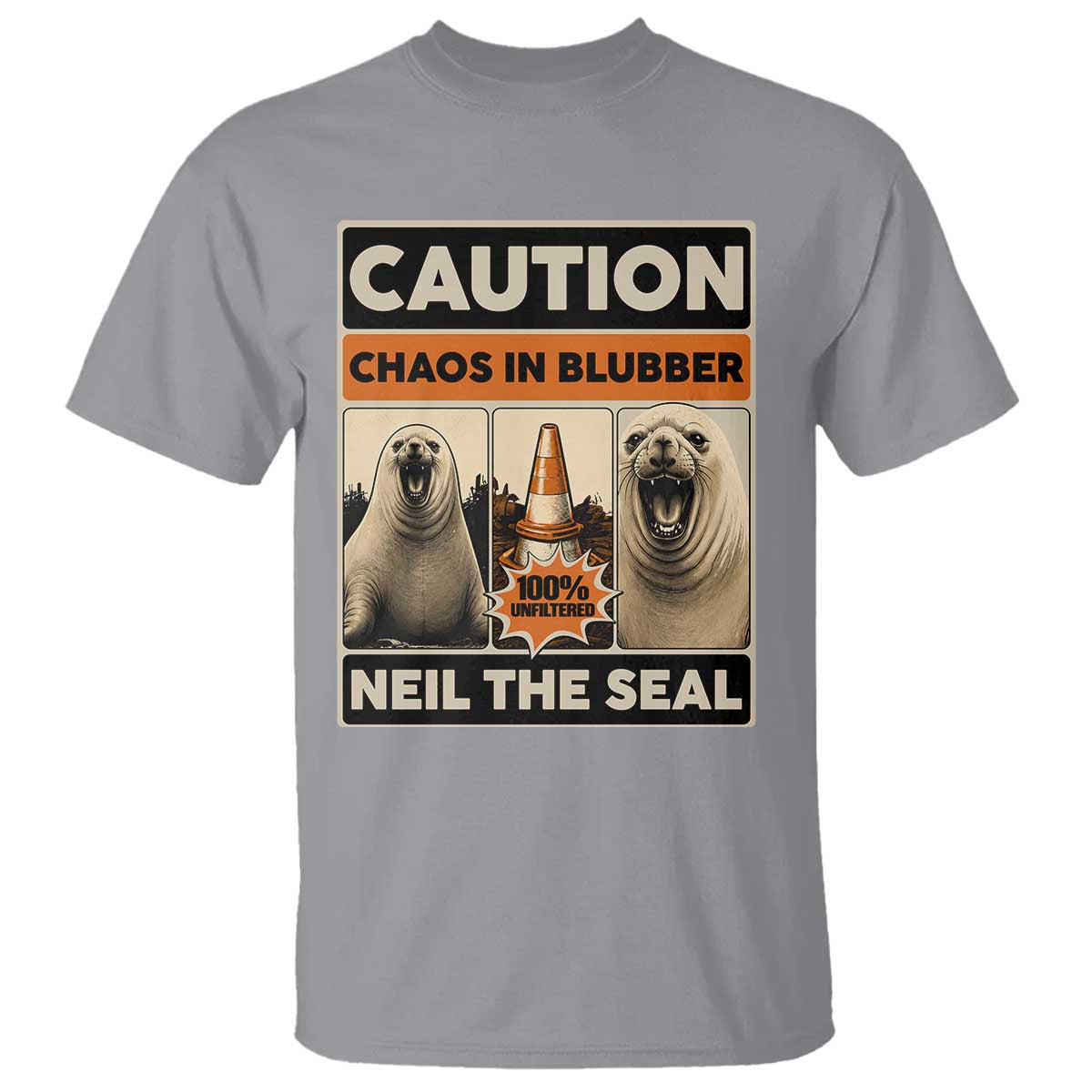 Retro Neil the Seal Caution Chaos in Blubber T Shirt Funny Viral Chaotic Elephant Seal Traffic Cone Meme TS02 Sport Gray Print Your Wear