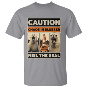 Retro Neil the Seal Caution Chaos in Blubber T Shirt Funny Viral Chaotic Elephant Seal Traffic Cone Meme TS02 Sport Gray Print Your Wear