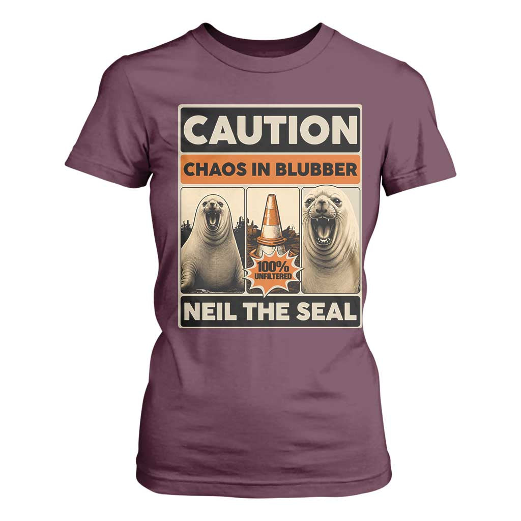 Retro Neil the Seal Caution Chaos in Blubber T Shirt For Women Funny Viral Chaotic Elephant Seal Traffic Cone Meme TS02 Maroon Print Your Wear
