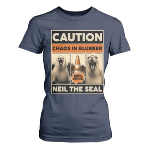 Retro Neil the Seal Caution Chaos in Blubber T Shirt For Women Funny Viral Chaotic Elephant Seal Traffic Cone Meme TS02 Navy Print Your Wear