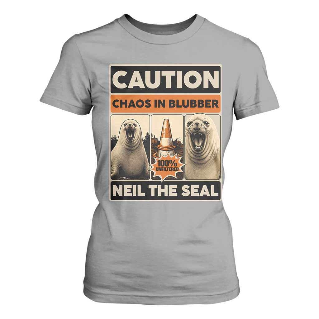 Retro Neil the Seal Caution Chaos in Blubber T Shirt For Women Funny Viral Chaotic Elephant Seal Traffic Cone Meme TS02 Sport Gray Print Your Wear