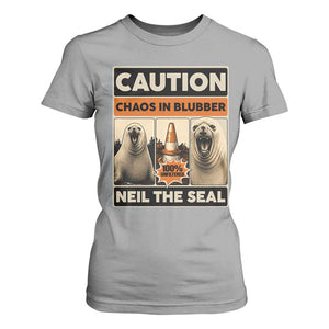 Retro Neil the Seal Caution Chaos in Blubber T Shirt For Women Funny Viral Chaotic Elephant Seal Traffic Cone Meme TS02 Sport Gray Print Your Wear