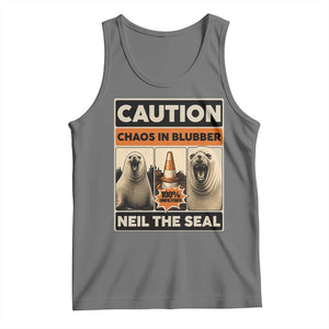 Retro Neil the Seal Caution Chaos in Blubber Tank Top Funny Viral Chaotic Elephant Seal Traffic Cone Meme TS02 Black Heather Print Your Wear