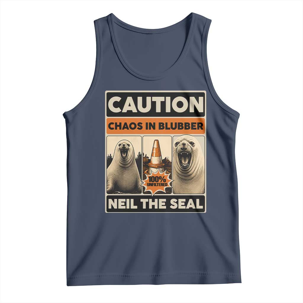 Retro Neil the Seal Caution Chaos in Blubber Tank Top Funny Viral Chaotic Elephant Seal Traffic Cone Meme TS02 Navy Print Your Wear