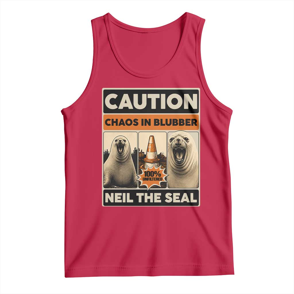 Retro Neil the Seal Caution Chaos in Blubber Tank Top Funny Viral Chaotic Elephant Seal Traffic Cone Meme TS02 Red Print Your Wear