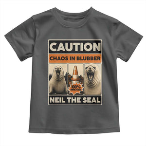 Retro Neil the Seal Caution Chaos in Blubber Toddler T Shirt Funny Viral Chaotic Elephant Seal Traffic Cone Meme TS02 Dark Heather Print Your Wear