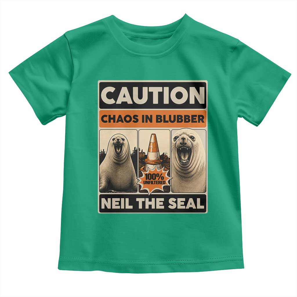 Retro Neil the Seal Caution Chaos in Blubber Toddler T Shirt Funny Viral Chaotic Elephant Seal Traffic Cone Meme TS02 Irish Green Print Your Wear
