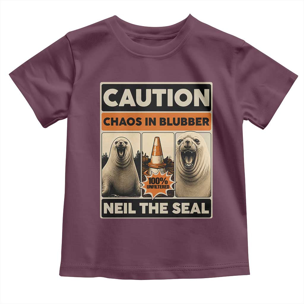 Retro Neil the Seal Caution Chaos in Blubber Toddler T Shirt Funny Viral Chaotic Elephant Seal Traffic Cone Meme TS02 Maroon Print Your Wear