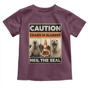 Retro Neil the Seal Caution Chaos in Blubber Toddler T Shirt Funny Viral Chaotic Elephant Seal Traffic Cone Meme TS02 Maroon Print Your Wear