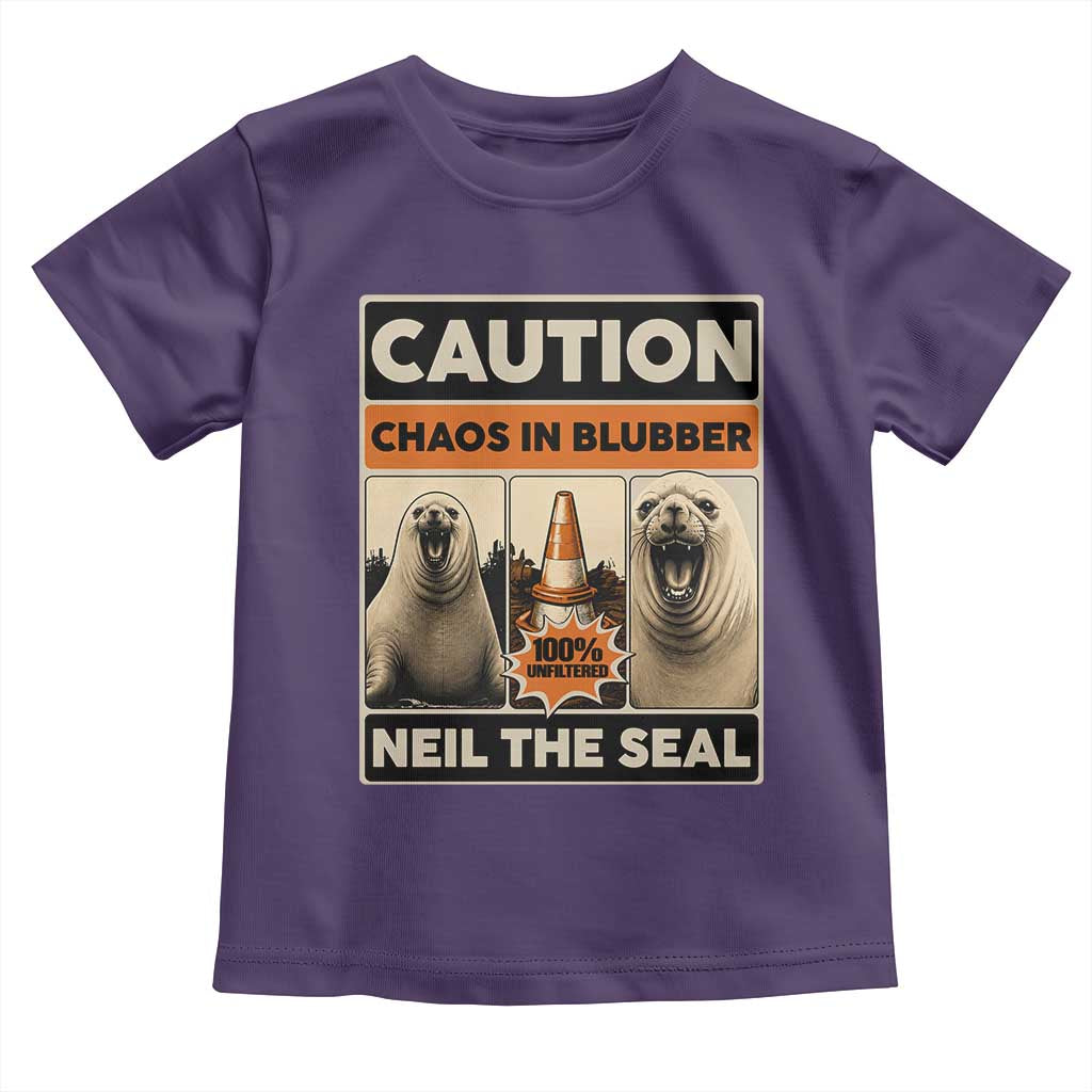 Retro Neil the Seal Caution Chaos in Blubber Toddler T Shirt Funny Viral Chaotic Elephant Seal Traffic Cone Meme TS02 Purple Print Your Wear
