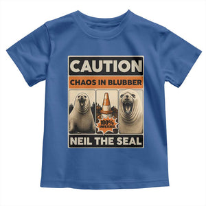 Retro Neil the Seal Caution Chaos in Blubber Toddler T Shirt Funny Viral Chaotic Elephant Seal Traffic Cone Meme TS02 Royal Blue Print Your Wear