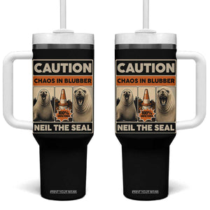 Retro Neil the Seal Caution Chaos in Blubber Tumbler With Handle Funny Viral Chaotic Elephant Seal Traffic Cone Meme TS02 One Size: 40 oz Black Print Your Wear