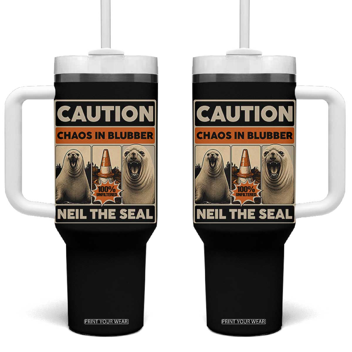 Retro Neil the Seal Caution Chaos in Blubber Tumbler With Handle Funny Viral Chaotic Elephant Seal Traffic Cone Meme TS02 One Size: 40 oz Black Print Your Wear