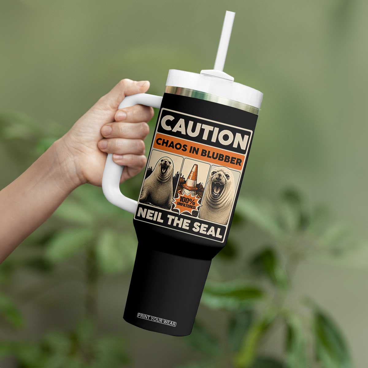 Retro Neil the Seal Caution Chaos in Blubber Tumbler With Handle Funny Viral Chaotic Elephant Seal Traffic Cone Meme TS02 Print Your Wear