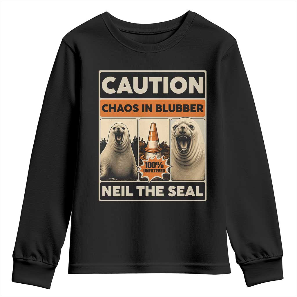 Retro Neil the Seal Caution Chaos in Blubber Youth Sweatshirt Funny Viral Chaotic Elephant Seal Traffic Cone Meme TS02 Black Print Your Wear