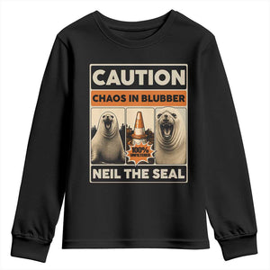 Retro Neil the Seal Caution Chaos in Blubber Youth Sweatshirt Funny Viral Chaotic Elephant Seal Traffic Cone Meme TS02 Black Print Your Wear