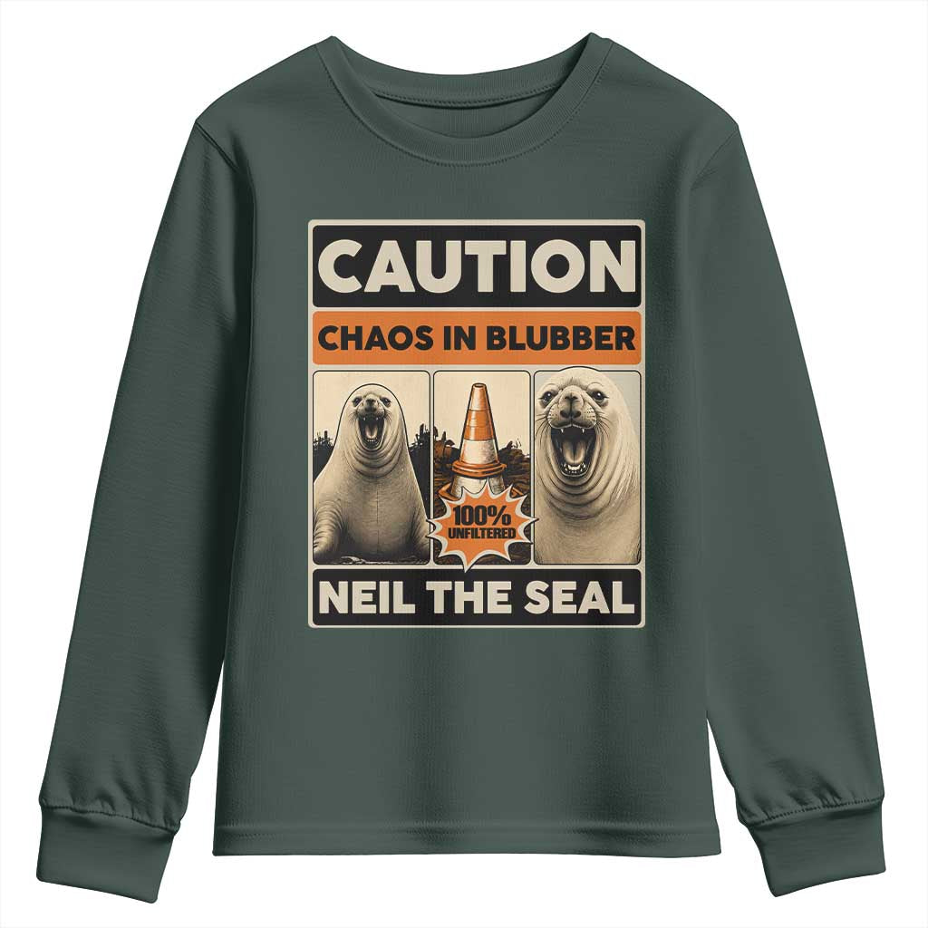 Retro Neil the Seal Caution Chaos in Blubber Youth Sweatshirt Funny Viral Chaotic Elephant Seal Traffic Cone Meme TS02 Dark Forest Green Print Your Wear