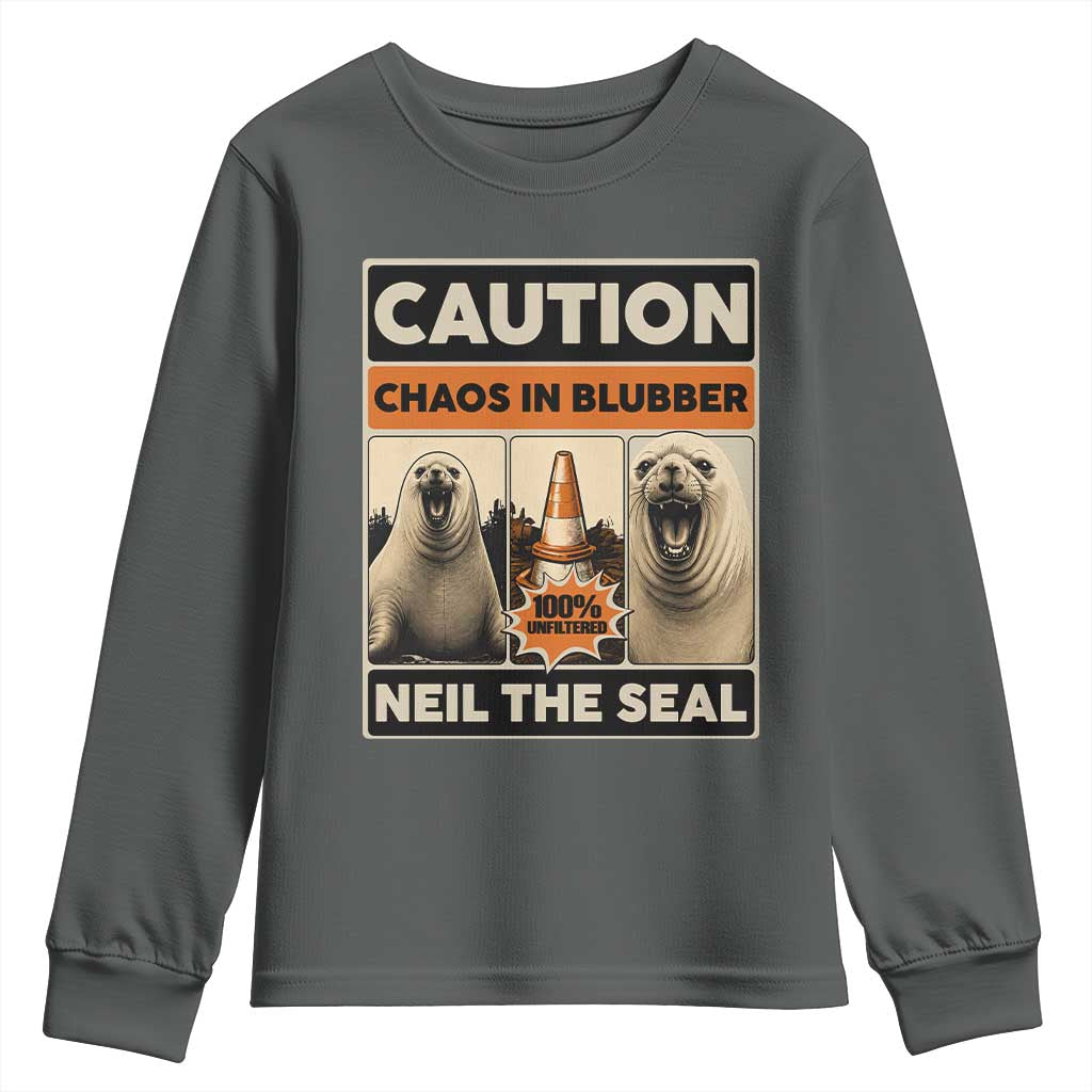 Retro Neil the Seal Caution Chaos in Blubber Youth Sweatshirt Funny Viral Chaotic Elephant Seal Traffic Cone Meme TS02 Dark Heather Print Your Wear