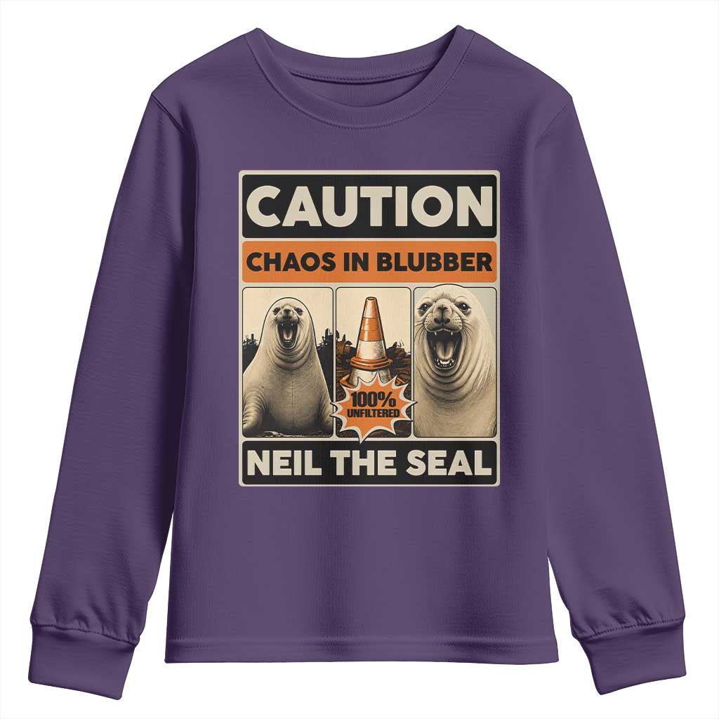 Retro Neil the Seal Caution Chaos in Blubber Youth Sweatshirt Funny Viral Chaotic Elephant Seal Traffic Cone Meme TS02 Purple Print Your Wear