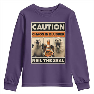 Retro Neil the Seal Caution Chaos in Blubber Youth Sweatshirt Funny Viral Chaotic Elephant Seal Traffic Cone Meme TS02 Purple Print Your Wear