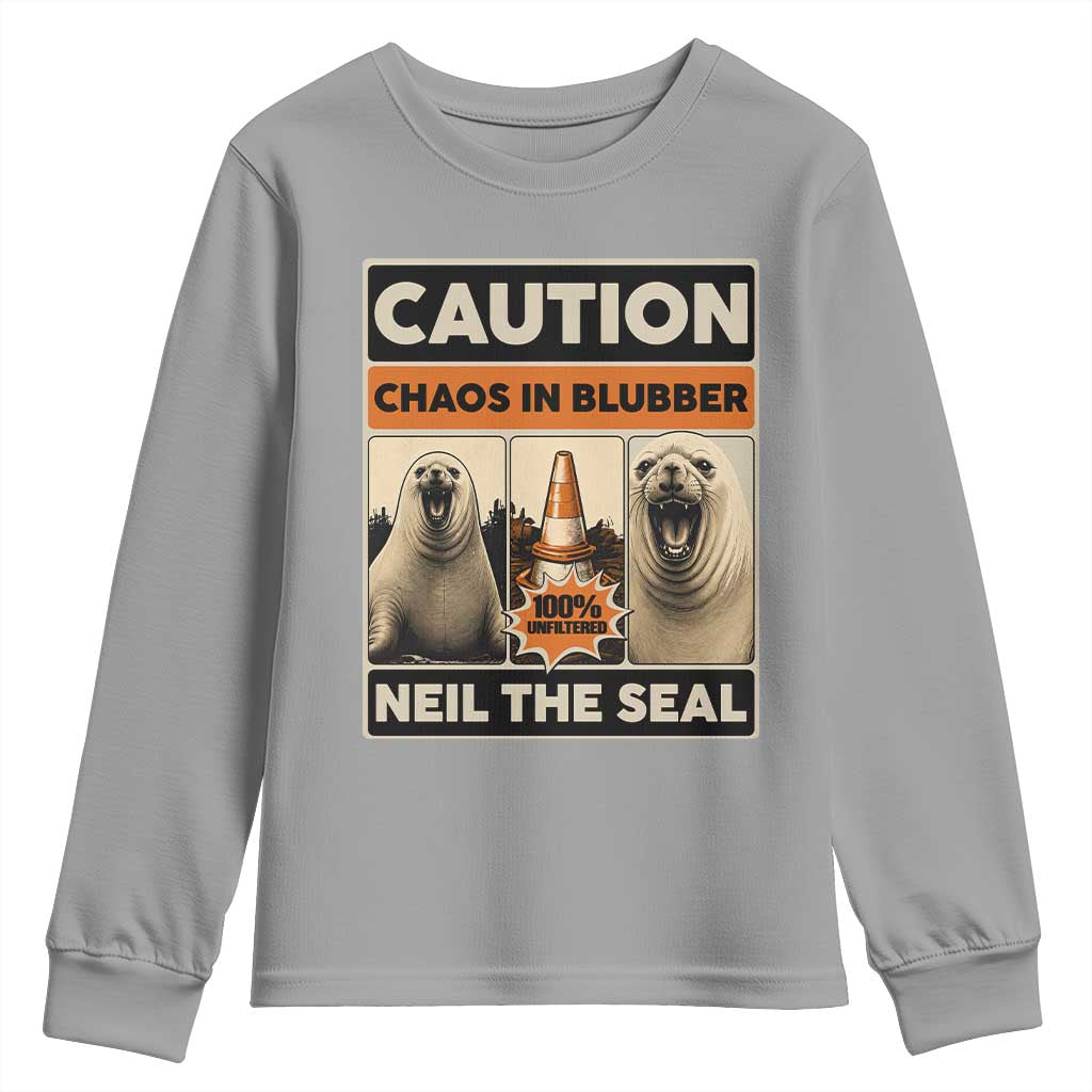 Retro Neil the Seal Caution Chaos in Blubber Youth Sweatshirt Funny Viral Chaotic Elephant Seal Traffic Cone Meme TS02 Sport Gray Print Your Wear