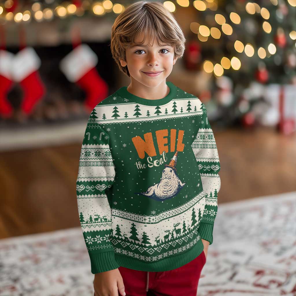 Vintage Neil the Seal Wearing Traffic Cone Hat Meme Ugly Christmas Sweater Cute Retro Viral Chaotic Southern Elephant Seal TS02 Forest Green Beige Print Your Wear