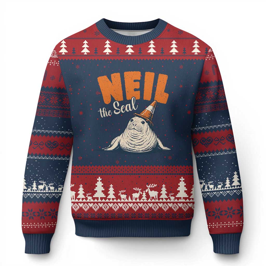 Vintage Neil the Seal Wearing Traffic Cone Hat Meme Ugly Christmas Sweater Cute Retro Viral Chaotic Southern Elephant Seal TS02 Navy Red Print Your Wear