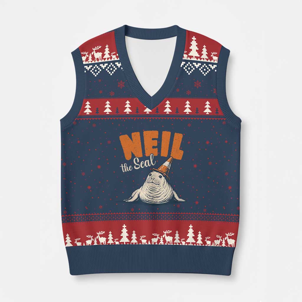 Vintage Neil the Seal Wearing Traffic Cone Hat Meme V-Neck Knit Sweater Vest Cute Retro Viral Chaotic Southern Elephant Seal TS02 Navy Red Print Your Wear