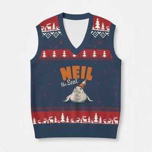 Vintage Neil the Seal Wearing Traffic Cone Hat Meme V-Neck Knit Sweater Vest Cute Retro Viral Chaotic Southern Elephant Seal TS02 Navy Red Print Your Wear
