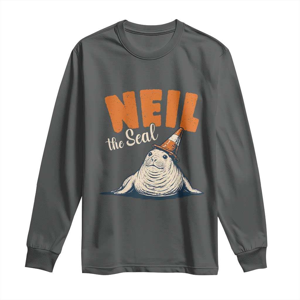 Vintage Neil the Seal Wearing Traffic Cone Hat Meme Long Sleeve Shirt Cute Retro Viral Chaotic Southern Elephant Seal TS02 Dark Heather Print Your Wear