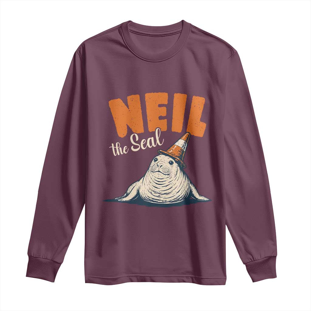 Vintage Neil the Seal Wearing Traffic Cone Hat Meme Long Sleeve Shirt Cute Retro Viral Chaotic Southern Elephant Seal TS02 Maroon Print Your Wear