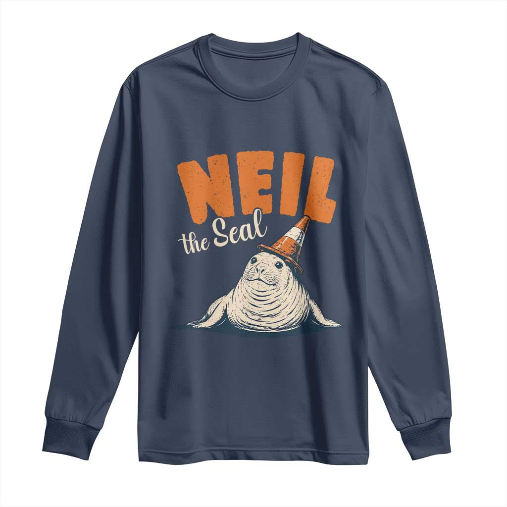 Vintage Neil the Seal Wearing Traffic Cone Hat Meme Long Sleeve Shirt Cute Retro Viral Chaotic Southern Elephant Seal TS02 Navy Print Your Wear