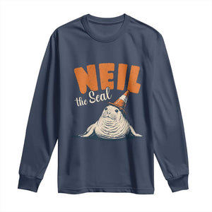 Vintage Neil the Seal Wearing Traffic Cone Hat Meme Long Sleeve Shirt Cute Retro Viral Chaotic Southern Elephant Seal TS02 Navy Print Your Wear