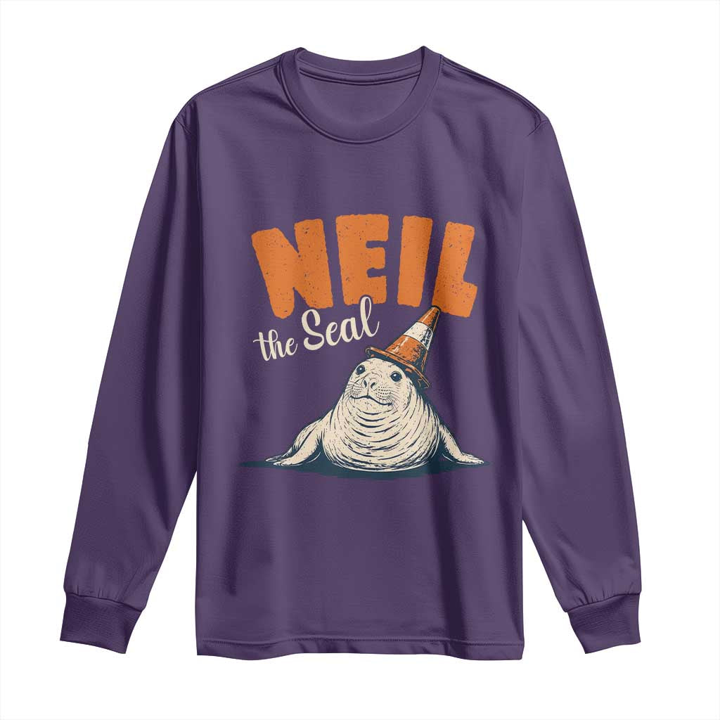 Vintage Neil the Seal Wearing Traffic Cone Hat Meme Long Sleeve Shirt Cute Retro Viral Chaotic Southern Elephant Seal TS02 Purple Print Your Wear