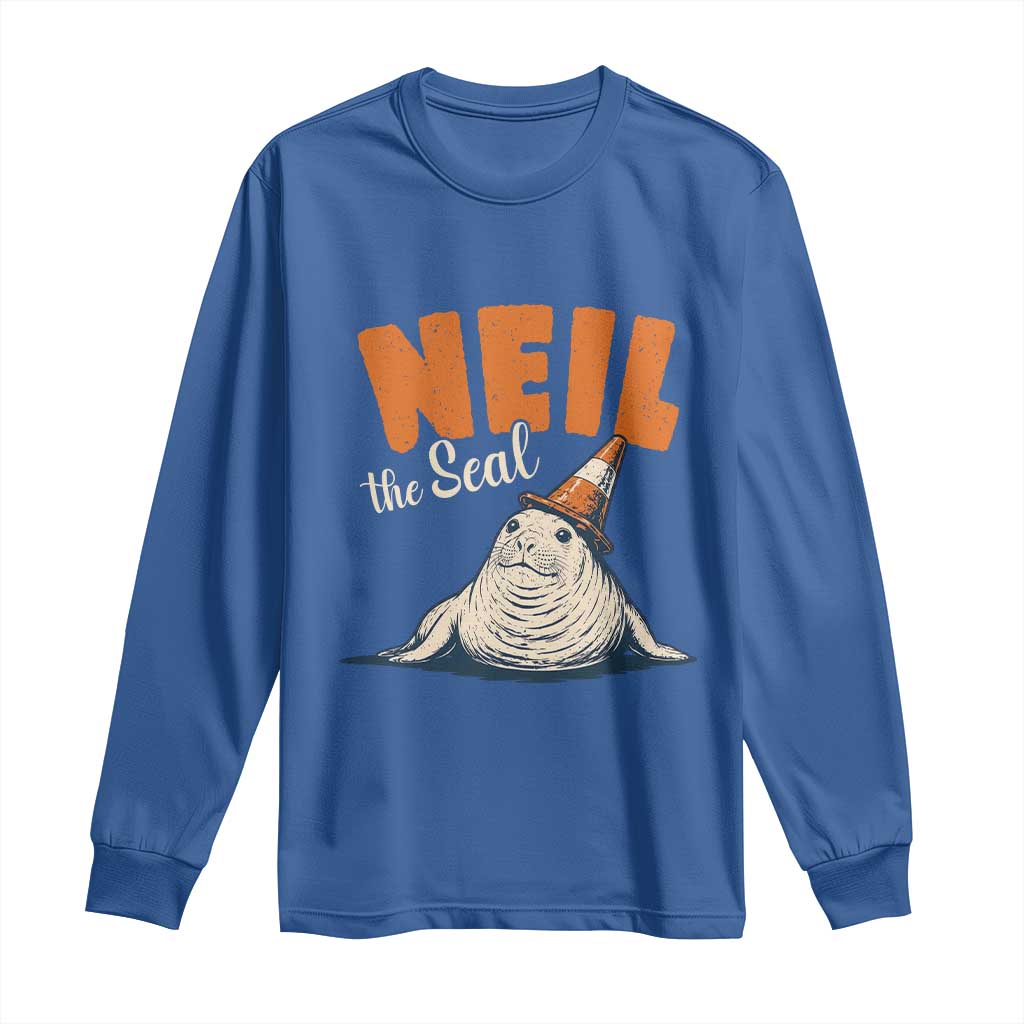 Vintage Neil the Seal Wearing Traffic Cone Hat Meme Long Sleeve Shirt Cute Retro Viral Chaotic Southern Elephant Seal TS02 Royal Blue Print Your Wear