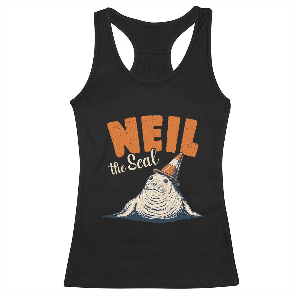 Vintage Neil the Seal Wearing Traffic Cone Hat Meme Racerback Tank Top Cute Retro Viral Chaotic Southern Elephant Seal TS02 Black Print Your Wear