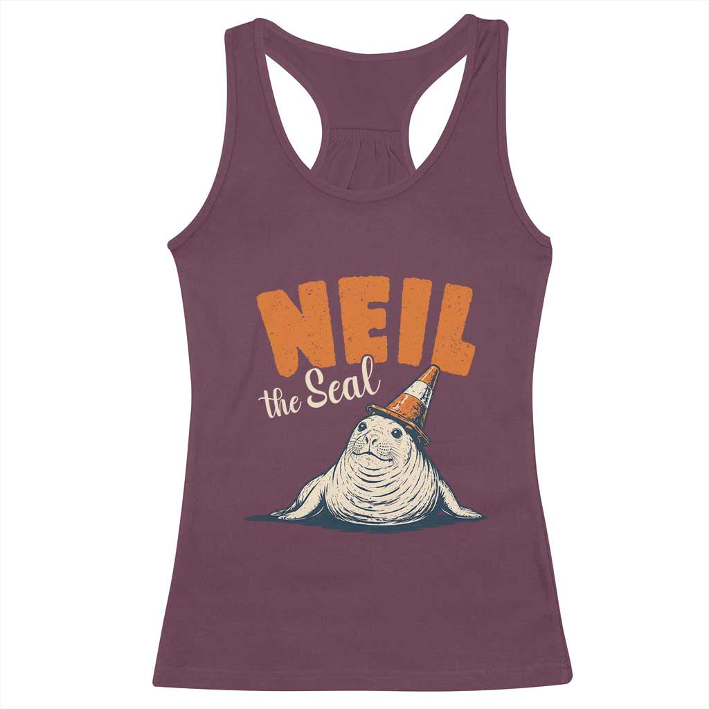 Vintage Neil the Seal Wearing Traffic Cone Hat Meme Racerback Tank Top Cute Retro Viral Chaotic Southern Elephant Seal TS02 Maroon Print Your Wear
